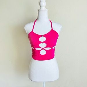 Neon Hot Pink Slinky Cut Out Rhinestone Crystal Embellished Tank Top